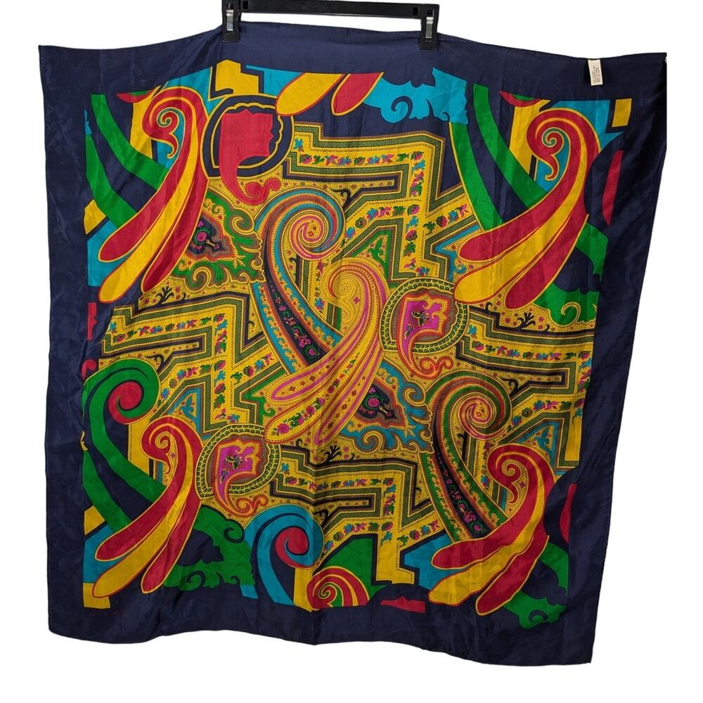Vintage Anne Klein Silk Scarf Womens Navy Blue Yellow Red Geometric print AS IS